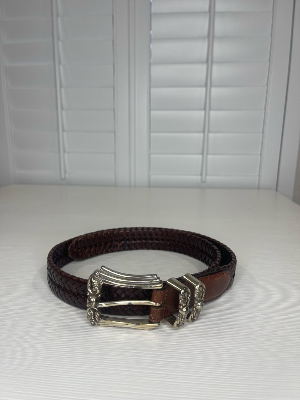 Vintage Brighton Brown Braided Leather Belt with Silver Buckle
